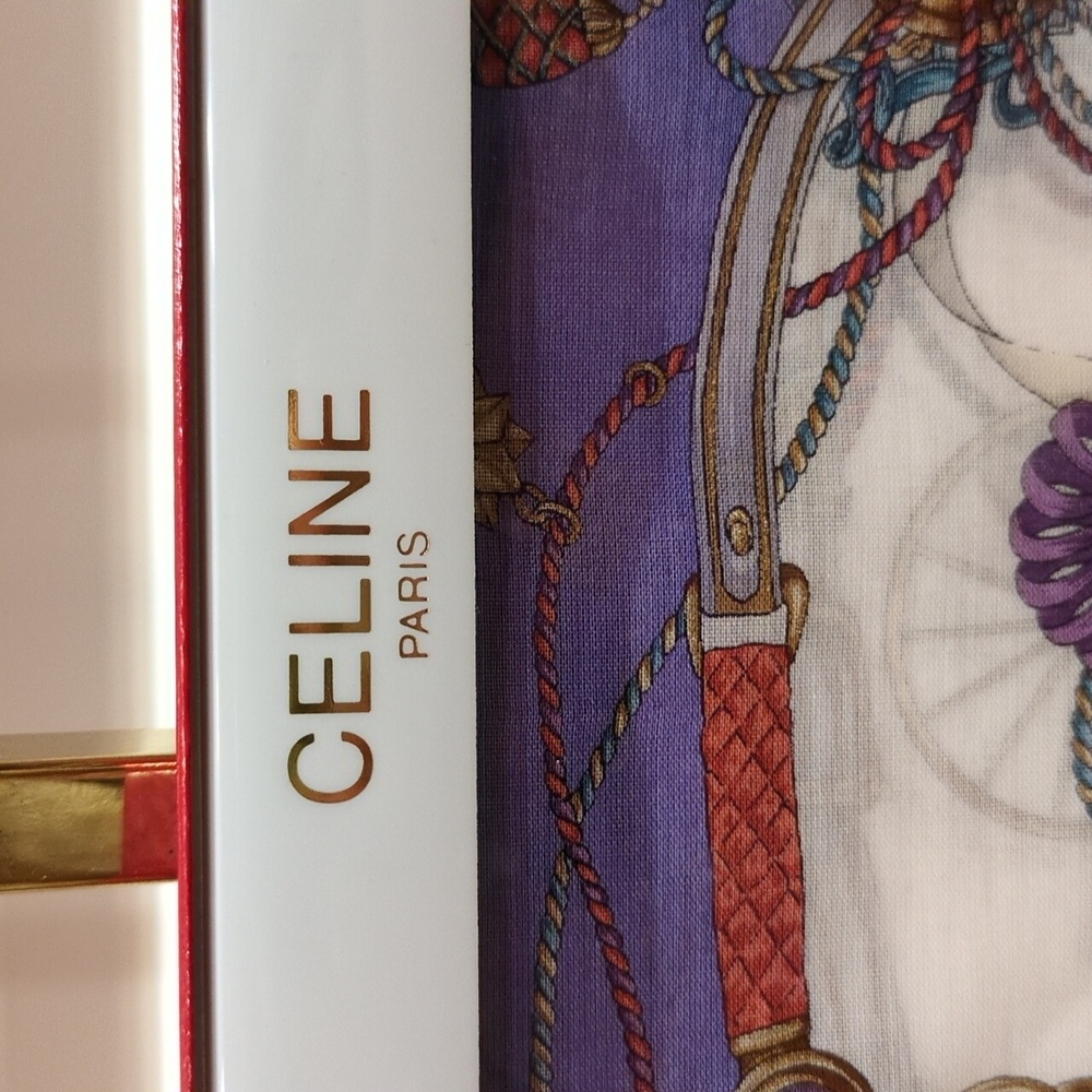 Celine vintage handkerchief with a chain and carriage print In Original Box - Picture 3 of 14